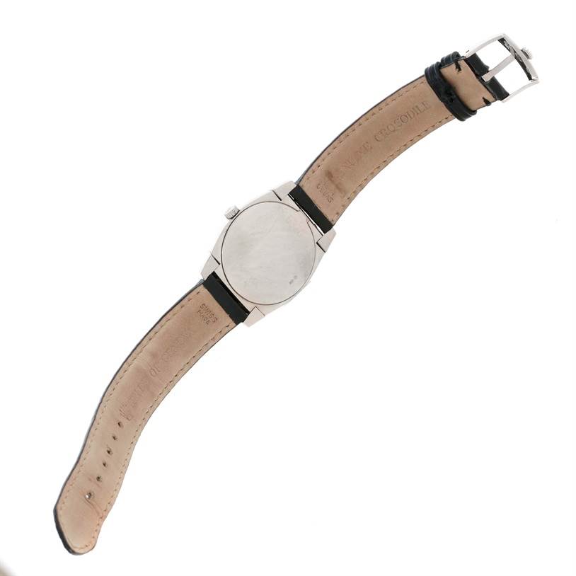 The image shows the back view of a Rolex Cellini 5320 White Gold Mother of Pearl Dial 5320 White Gold Mother of Pearl Dial watch with its leather strap fully extended.