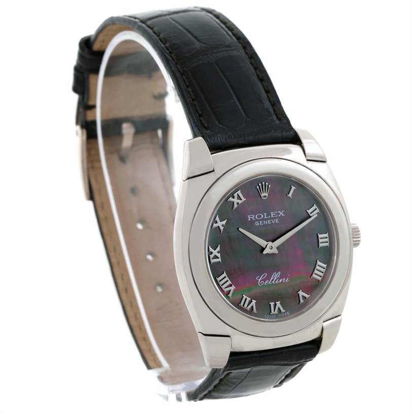 This image shows a Rolex Cellini 5320 White Gold Mother of Pearl Dial 5320 White Gold Mother of Pearl Dial watch from a front left angle, highlighting the face, bezel, crown, and leather strap.