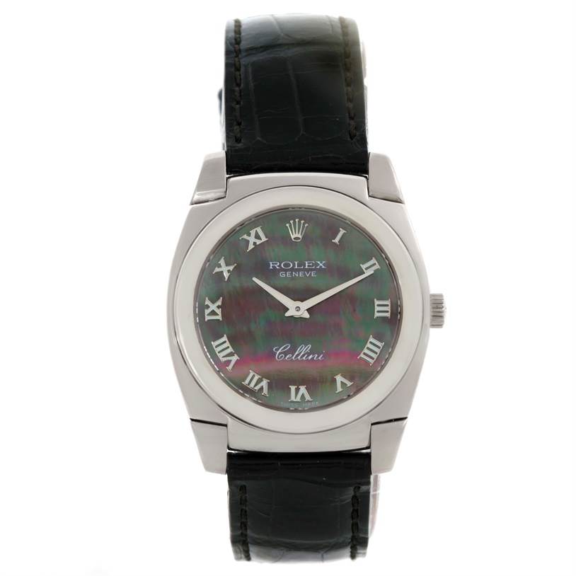 The Rolex Cellini 5320 White Gold Mother of Pearl Dial 5320 White Gold Mother of Pearl Dial watch is shown from the front, displaying the dial, bezel, case, and leather strap.