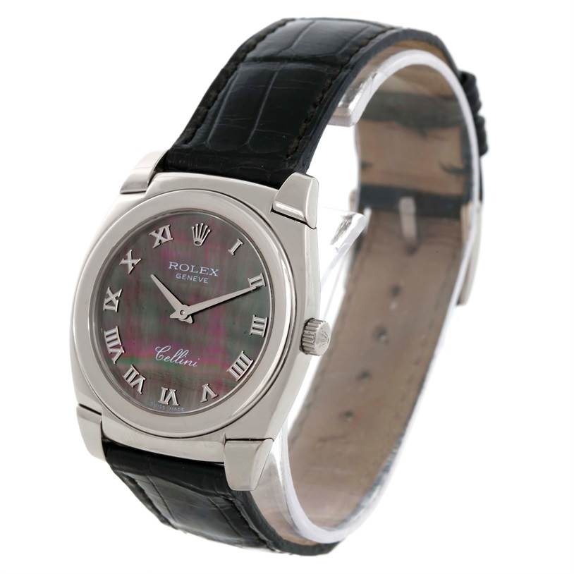 The Rolex Cellini 5320 White Gold Mother of Pearl Dial 5320 White Gold Mother of Pearl Dial watch is shown at an oblique angle, displaying the face, crown, and black leather strap.