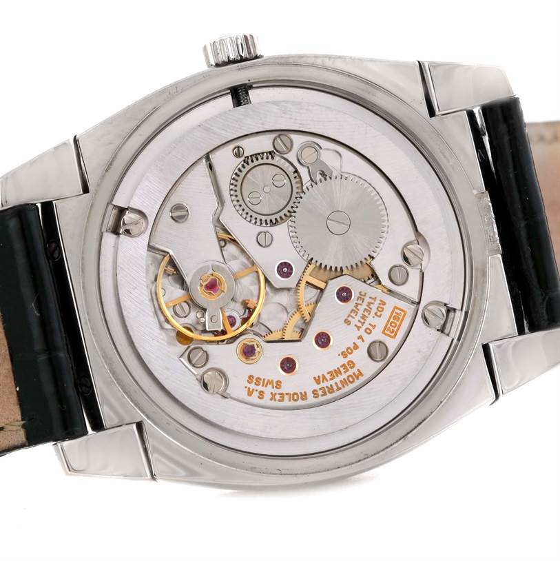 The image shows the intricate inner mechanism of a Rolex Cellini 5320 White Gold Mother of Pearl Dial 5320 White Gold Mother of Pearl Dial watch from a back view angle.