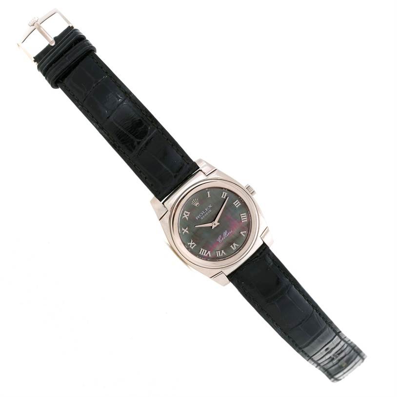 The Rolex Cellini 5320 White Gold Mother of Pearl Dial 5320 White Gold Mother of Pearl Dial watch is shown from a top-down angle, displaying the full face, dial, case, and black leather strap.