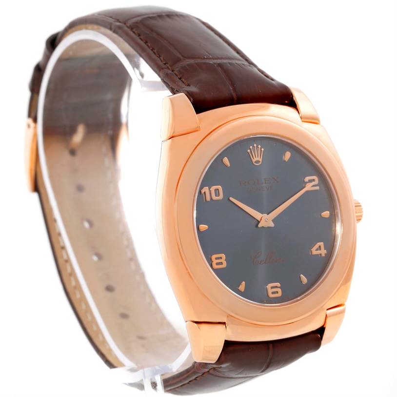 This image displays a Rolex Cellini 5330 Men's Rose Gold Grey Dial 5330 Men's Rose Gold Grey Dial watch at a three-quarter angle, highlighting the watch face, rose gold case, and brown leather strap.