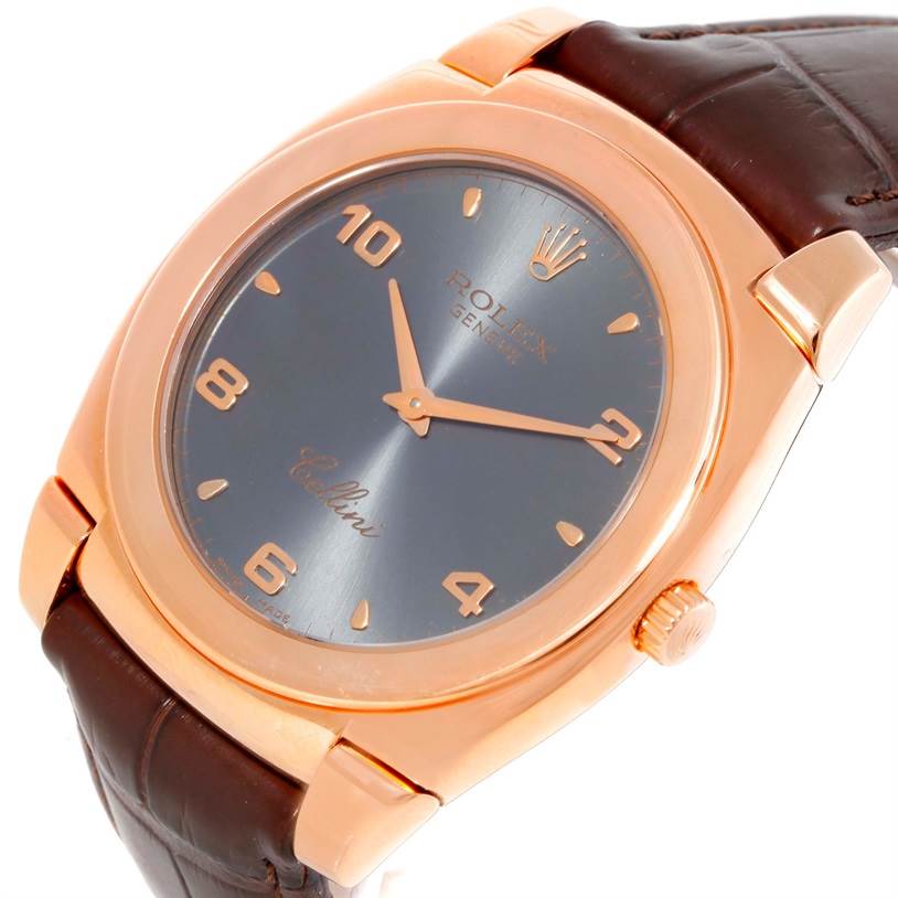 The image shows the face, bezel, and crown of a Rolex Cellini 5330 Men's Rose Gold Grey Dial 5330 Men's Rose Gold Grey Dial watch, with a brown leather strap, at a slight angle.