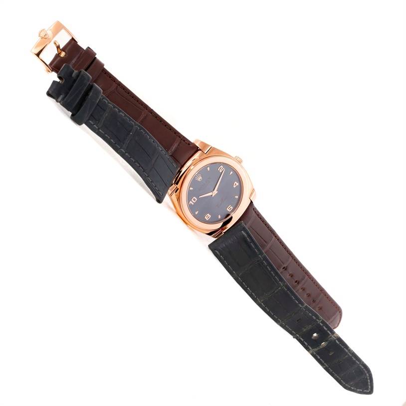 The image shows a Rolex Cellini 5330 Men's Rose Gold Grey Dial 5330 Men's Rose Gold Grey Dial watch at a top-down angle, highlighting the face, case, crown, and strap.