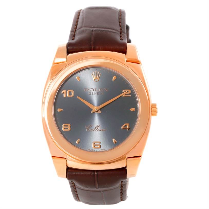 The image shows a Rolex Cellini 5330 Men's Rose Gold Grey Dial 5330 Men's Rose Gold Grey Dial watch from a front angle, highlighting its face, bezel, crown, and leather strap.