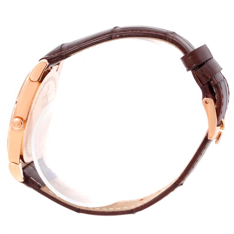 The image shows a side view of the Rolex Cellini 5330 Men's Rose Gold Grey Dial 5330 Men's Rose Gold Grey Dial watch, highlighting the brown leather strap and rose gold case.