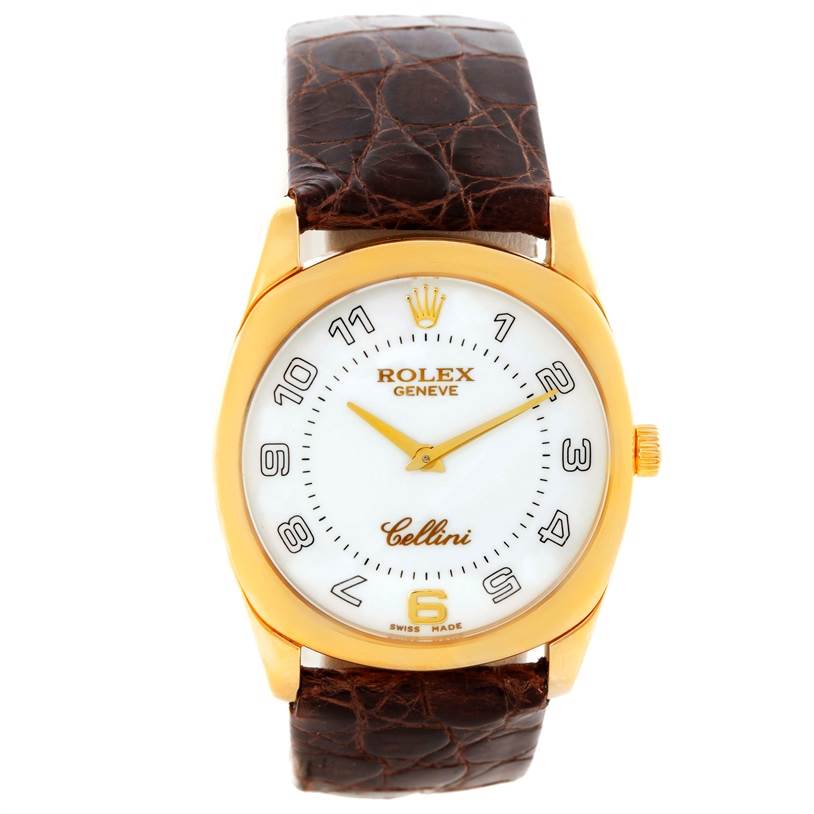 The image shows a front view of a Rolex Cellini 4233 Men
s Yellow Gold White Dial 4233 Men
s Yellow Gold White Dial watch with a gold case, white dial, and brown leather strap.