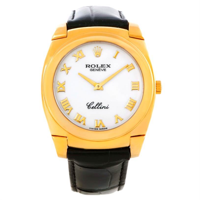 The Rolex Cellini 5330 Men's Yellow Gold White Dial 5330 Men's Yellow Gold White Dial watch is shown from a front angle, displaying the face, bezel, crown, and part of the strap.