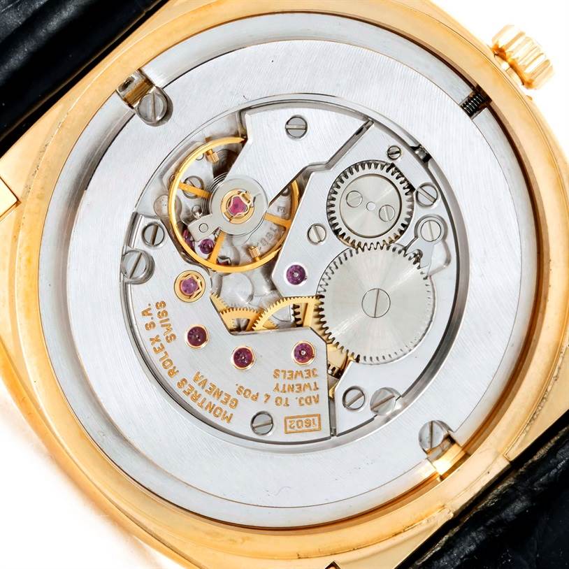 The image shows the intricate internal mechanism and gears of the Rolex Cellini 5330 Men's Yellow Gold White Dial 5330 Men's Yellow Gold White Dial watch from a rear angle.