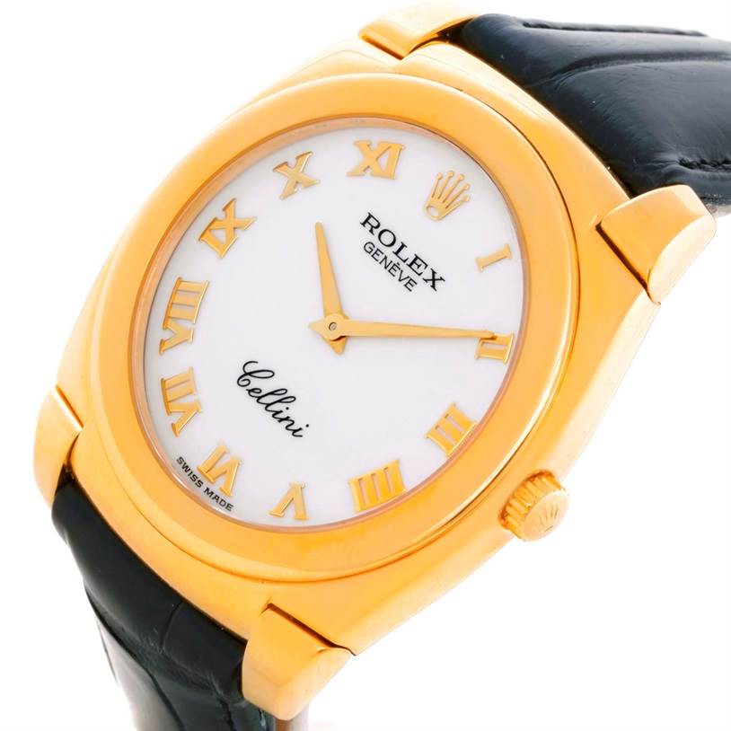 The image shows a side-angle view of a Rolex Cellini 5330 Men's Yellow Gold White Dial 5330 Men's Yellow Gold White Dial watch, highlighting its gold bezel, white dial, and black leather strap.