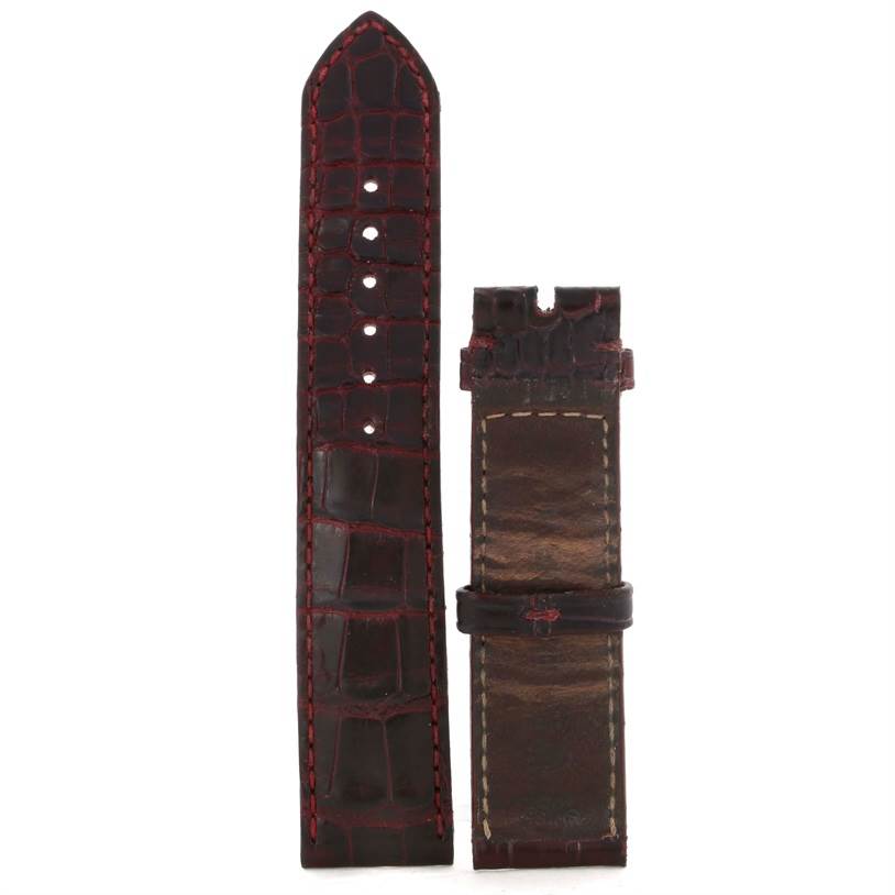 The image shows a close-up of replacement leather watch straps for a Rolex Cellini 5330 Men's Yellow Gold White Dial 5330 Men's Yellow Gold White Dial model, featuring red stitching.