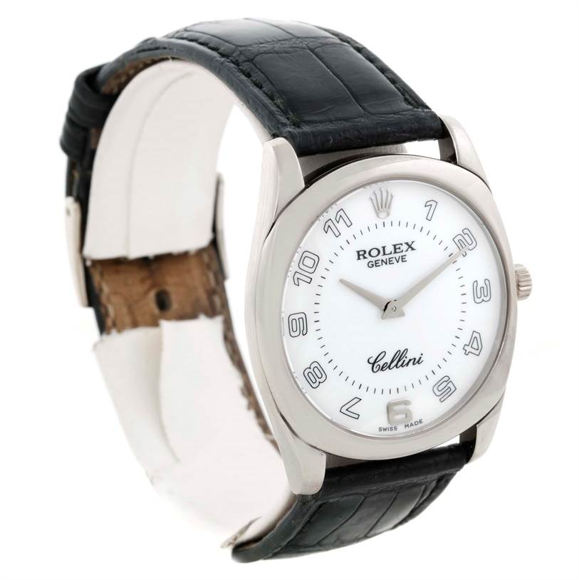 The image shows a front-angle view of the Rolex Cellini 4233 Men's White Gold White Dial 4233 Men's White Gold White Dial watch, featuring its face, crown, and leather strap.