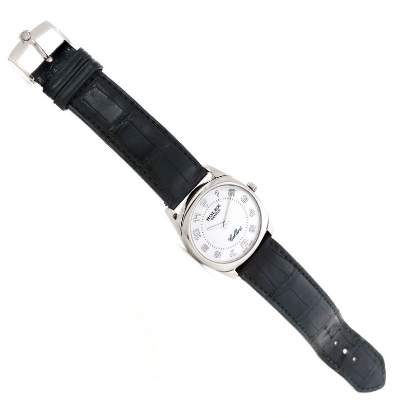 This image shows a top-down view of a Rolex Cellini 4233 Men's White Gold White Dial 4233 Men's White Gold White Dial watch, highlighting the full dial, strap, buckle, and crown.