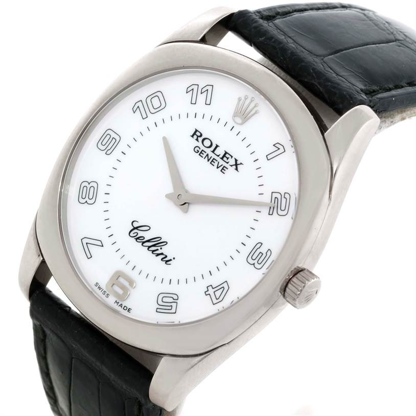 The image shows a Rolex Cellini 4233 Men's White Gold White Dial 4233 Men's White Gold White Dial watch at a slight angle, highlighting the face, case, crown, and part of the leather strap.