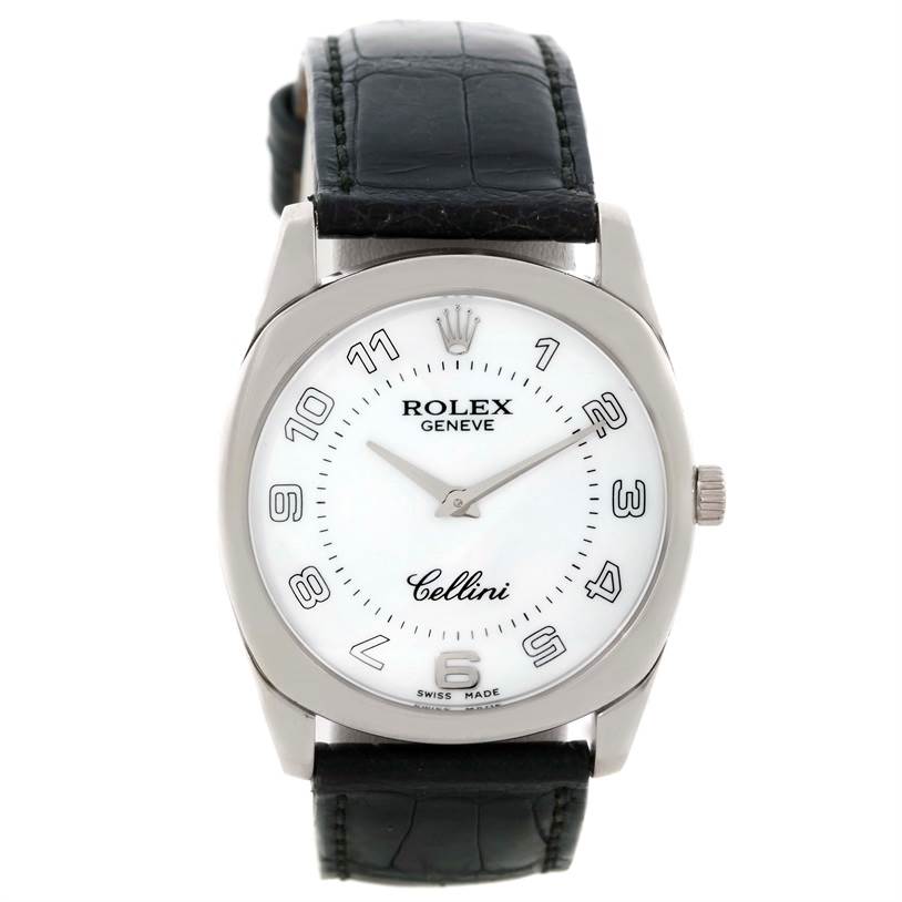 This Rolex Cellini 4233 Men's White Gold White Dial 4233 Men's White Gold White Dial watch is shown from a front angle, displaying the face, case, crown, and black leather strap.
