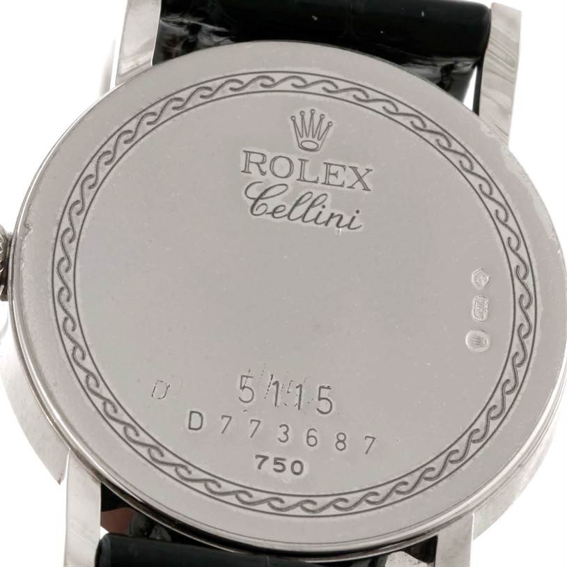 This image shows the back of the Rolex Cellini 5115 Men's White Gold Black Dial 5115 Men's White Gold Black Dial watch, including the engraved logo and model details.