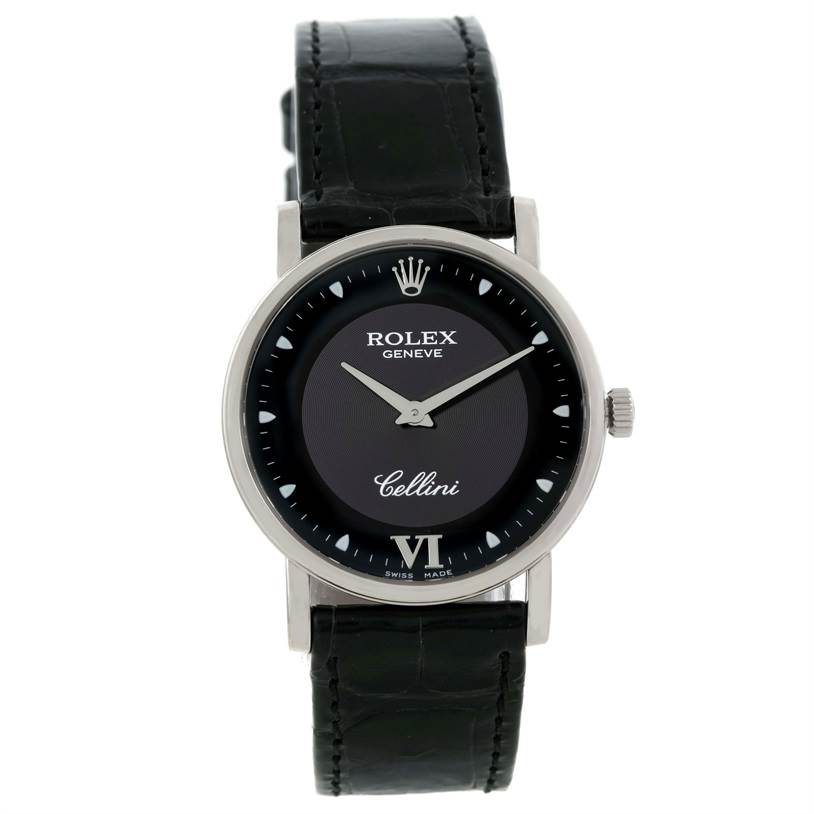 The image shows a Rolex Cellini 5115 Men's White Gold Black Dial 5115 Men's White Gold Black Dial model watch from a front angle, displaying its dial, case, and strap.