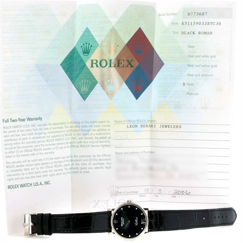 The image shows a Rolex Cellini 5115 Men's White Gold Black Dial 5115 Men's White Gold Black Dial watch laid flat, along with its warranty paperwork.