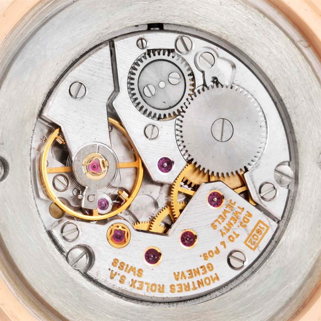 This image shows a close-up of the movement mechanism of a Rolex Cellini 5330 Men's Rose Gold White Dial 5330 Men's Rose Gold White Dial watch.