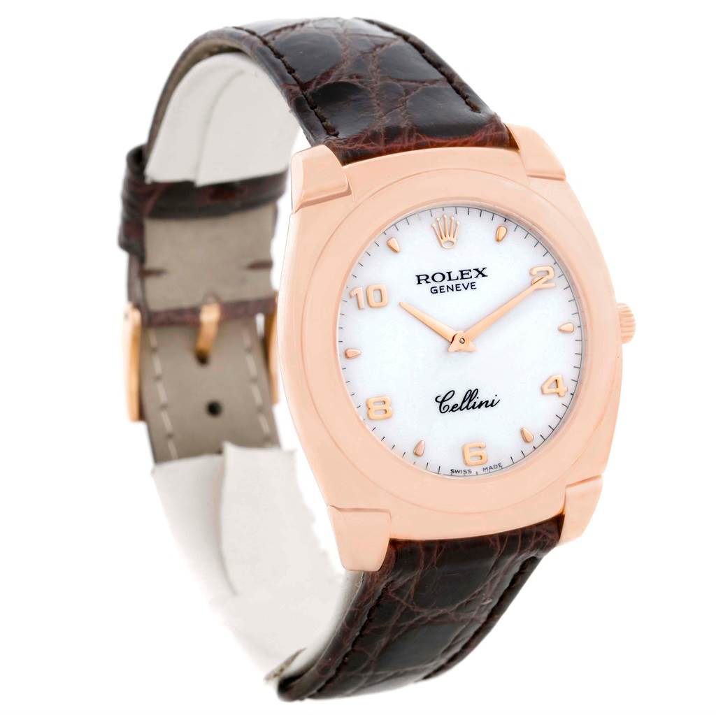 The Rolex Cellini 5330 Men's Rose Gold White Dial 5330 Men's Rose Gold White Dial watch is shown at an angled side-front view, displaying the dial, case, and leather strap.