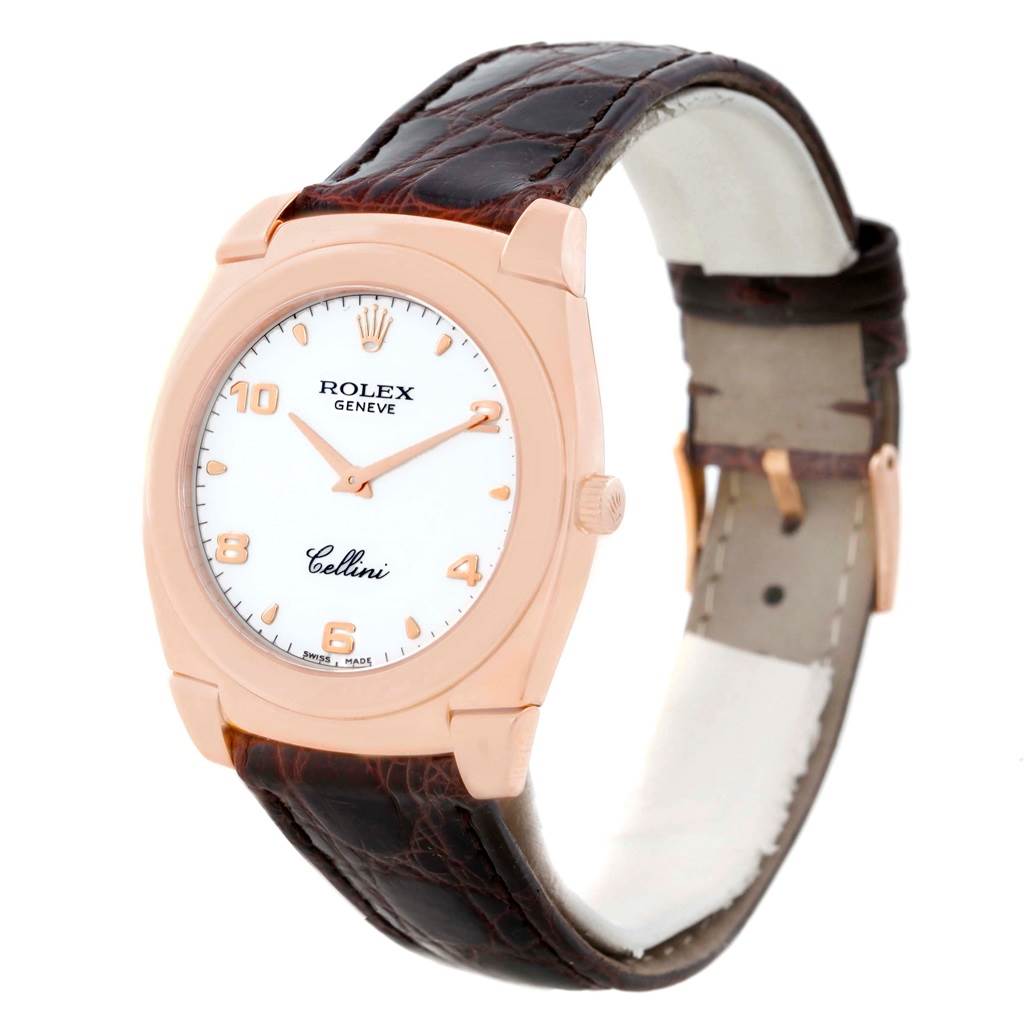 This Rolex Cellini 5330 Men's Rose Gold White Dial 5330 Men's Rose Gold White Dial watch is shown at a three-quarter angle, displaying the dial, crown, and leather strap.