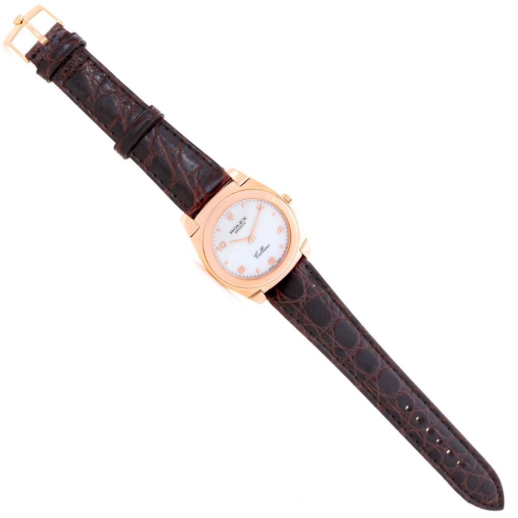 The Rolex Cellini 5330 Men's Rose Gold White Dial 5330 Men's Rose Gold White Dial watch is shown from a top-down angle, displaying the full face, strap, and clasp.