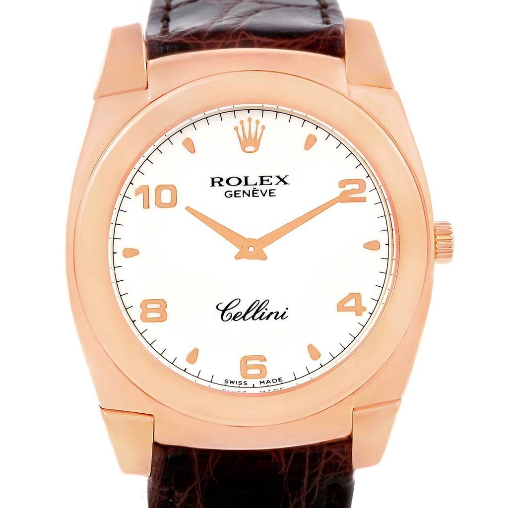 The image shows a front view of the dial, case, and leather strap of a Rolex Cellini 5330 Men's Rose Gold White Dial 5330 Men's Rose Gold White Dial watch.