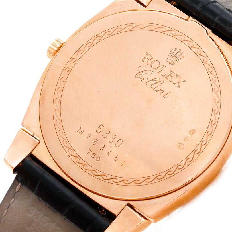 The image shows the back case of the Rolex Cellini 5330 Men's Rose Gold Grey Dial 5330 Men's Rose Gold Grey Dial watch, displaying the brand's engraving and model information.