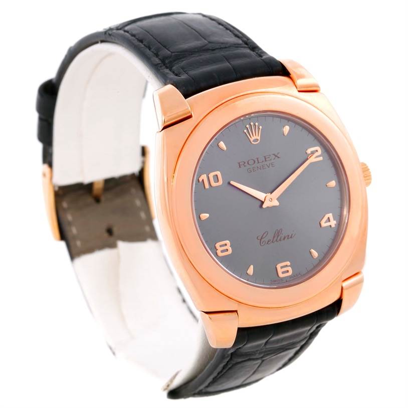 The Rolex Cellini 5330 Men's Rose Gold Grey Dial 5330 Men's Rose Gold Grey Dial watch is shown at a three-quarter angle, displaying the watch face, bezel, crown, and strap.