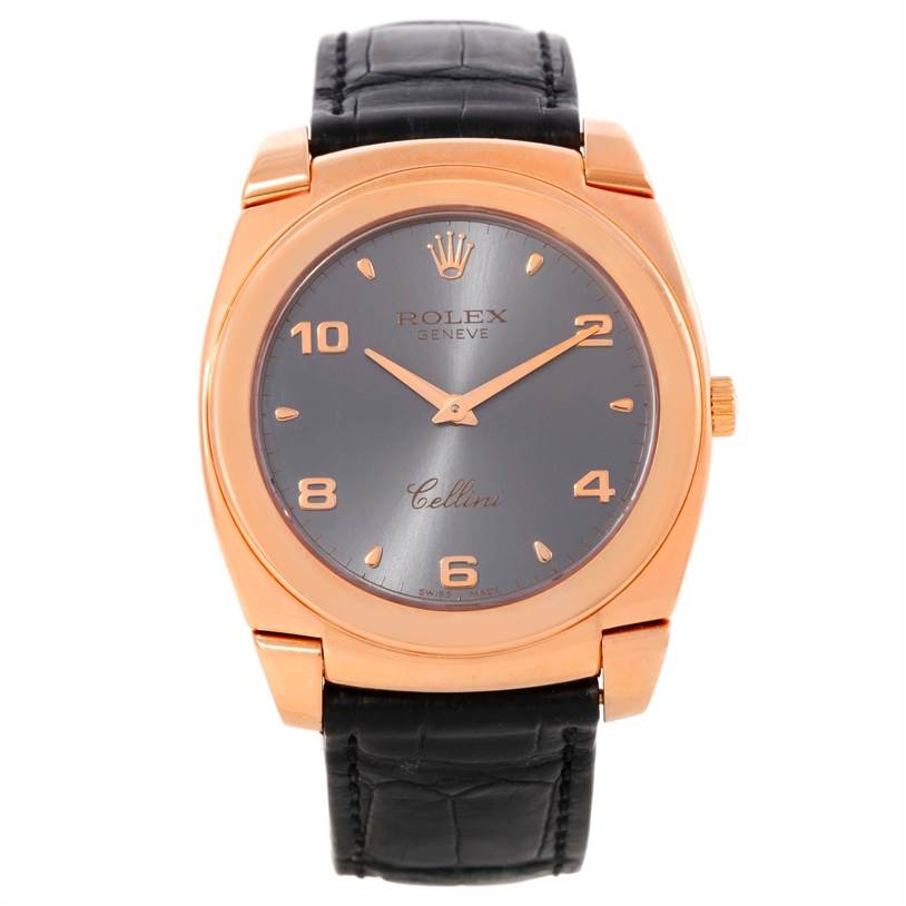 The image shows a Rolex Cellini 5330 Men's Rose Gold Grey Dial 5330 Men's Rose Gold Grey Dial watch from a front angle, displaying its dial, case, and leather strap.