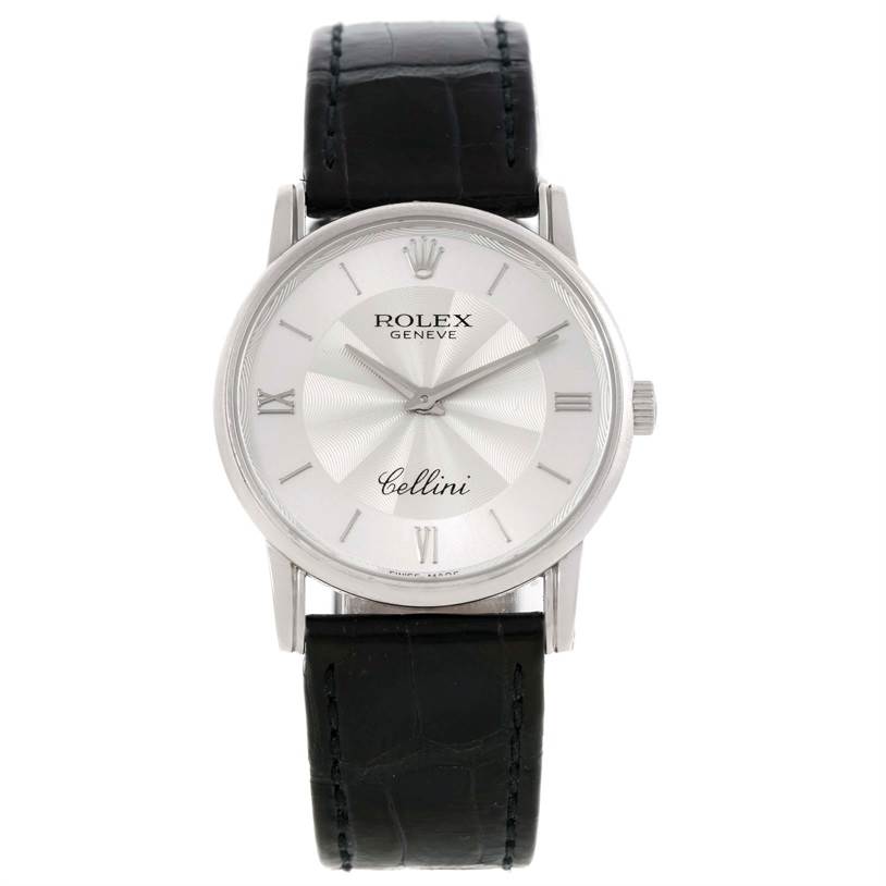 This image shows the front view of a Rolex Cellini 5116 Men's White Gold Silver Dial 5116 Men's White Gold Silver Dial watch, featuring its face, dial, and leather strap.