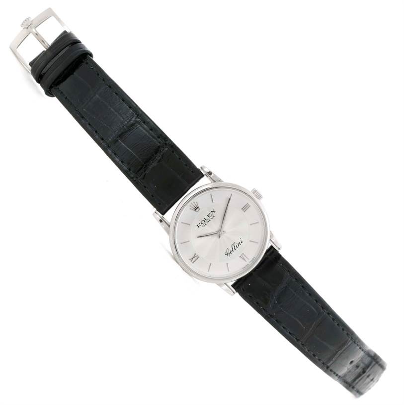 The Rolex Cellini 5116 Men's White Gold Silver Dial 5116 Men's White Gold Silver Dial model watch is shown from a top-down angle, displaying the entire face and leather strap.