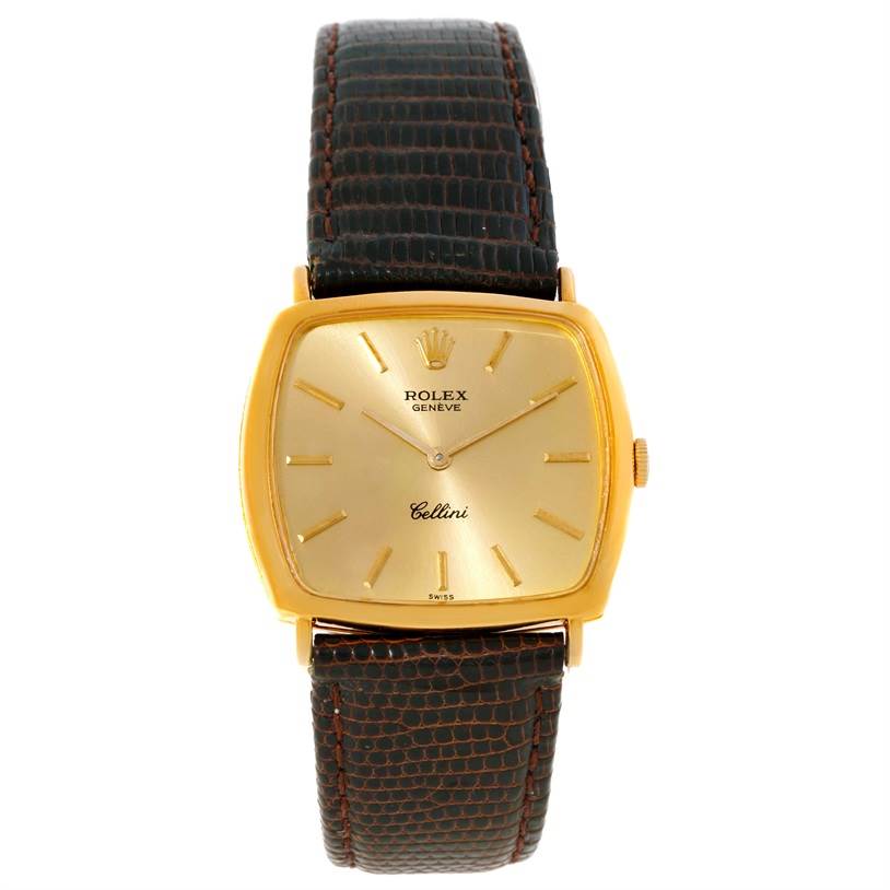 This image shows a front view of a Rolex Cellini 3805 Men's Yellow Gold Champagne Dial 3805 Men's Yellow Gold Champagne Dial watch, showcasing the dial, case, and leather strap.