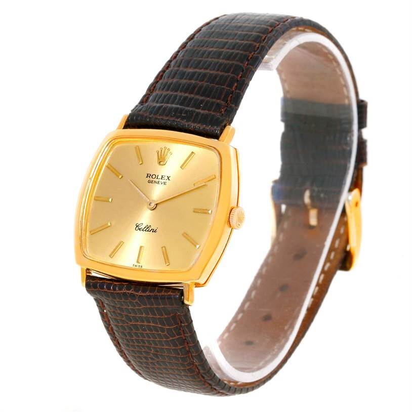The image shows a Rolex Cellini 3805 Men's Yellow Gold Champagne Dial 3805 Men's Yellow Gold Champagne Dial watch at a slight angle, showcasing the face, gold case, and a brown leather strap.