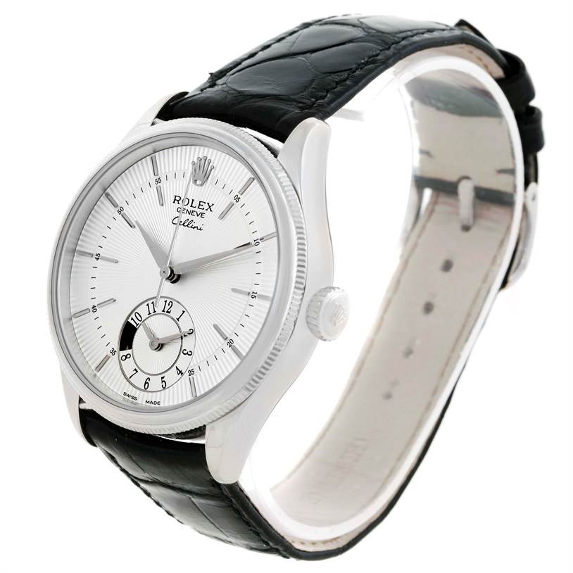 This image shows a side angle of the Rolex Cellini 50529 Men's White Gold Silver Dial 50529 Men's White Gold Silver Dial watch, highlighting the watch face, crown, and black leather strap.