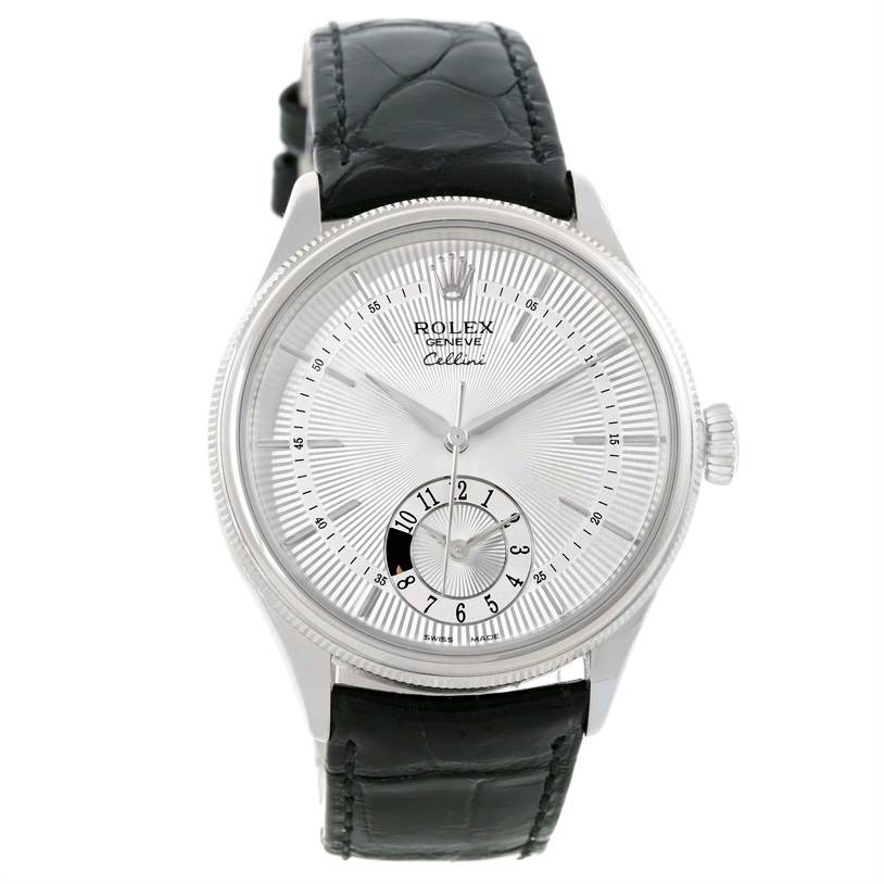 The image displays a Rolex Cellini 50529 Men's White Gold Silver Dial 50529 Men's White Gold Silver Dial watch from a front angle, showcasing the dial, case, and black leather strap.