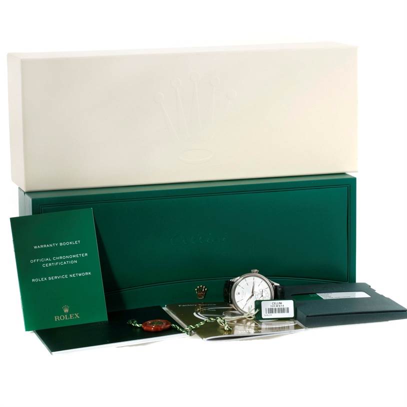 The image shows a Rolex Cellini 50529 Men's White Gold Silver Dial 50529 Men's White Gold Silver Dial watch with its box, warranty booklet, certification, and accessories.