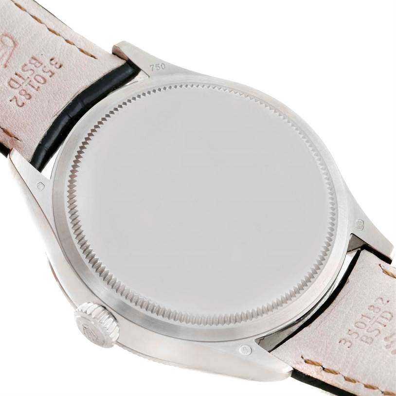 The image shows the back case, crown, and leather strap of a Rolex Cellini 50529 Men's White Gold Silver Dial 50529 Men's White Gold Silver Dial watch.