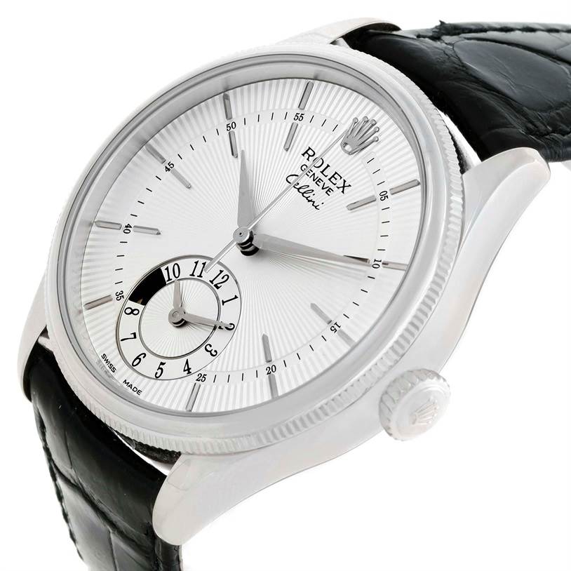 The image shows a Rolex Cellini 50529 Men's White Gold Silver Dial 50529 Men's White Gold Silver Dial watch at an angled close-up, displaying the face, crown, and part of the leather strap.