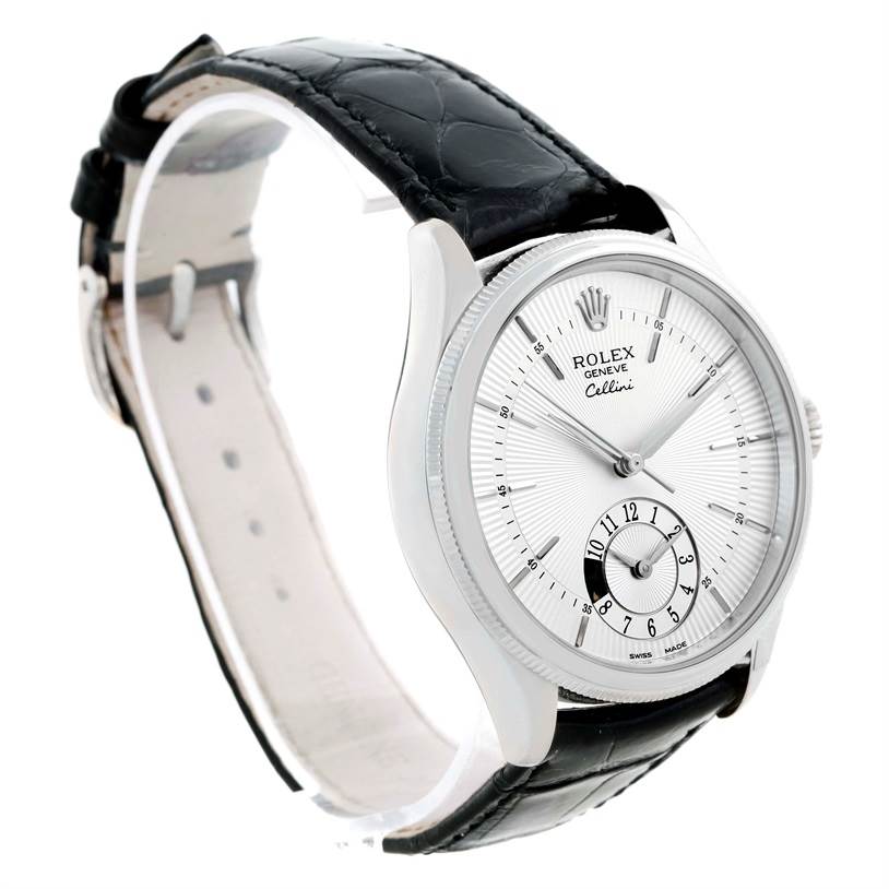 The image shows a Rolex Cellini 50529 Men's White Gold Silver Dial 50529 Men's White Gold Silver Dial watch from a 3/4 angle, highlighting the dial, case, and part of the black leather strap.