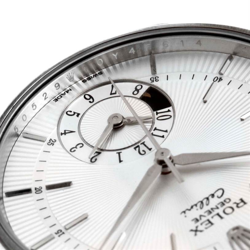 The image shows a close-up angle of the dial of a Rolex Cellini 50529 Men's White Gold Silver Dial 50529 Men's White Gold Silver Dial watch, focusing on the hour, minute hands, and sub-dial.