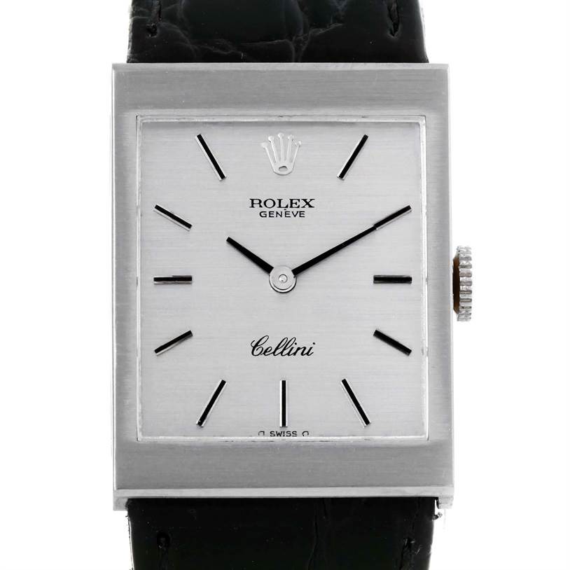 This image shows a front view of a Rolex Cellini 4014 Men's White Gold Silver Dial 4014 Men's White Gold Silver Dial watch with its dial, hour markers, hands, crown, and part of the strap visible.