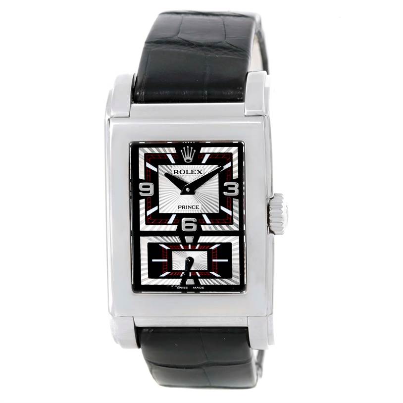 The Rolex Cellini 5443 Men's White Gold Black Dial 5443 Men's White Gold Black Dial watch is shown from the front, displaying the dial and black leather strap.