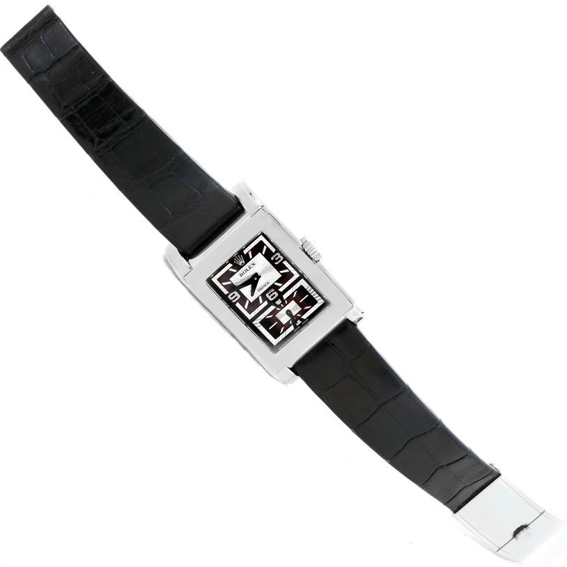 The image shows a Rolex Cellini 5443 Men's White Gold Black Dial 5443 Men's White Gold Black Dial watch at a slight angle with its rectangular face, crown, and black leather strap visible.