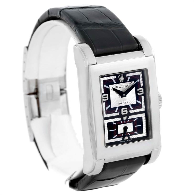 This image shows a Rolex Cellini 5443 Men's White Gold Black Dial 5443 Men's White Gold Black Dial model watch from a three-quarter angle, highlighting its rectangular dial and black leather strap.