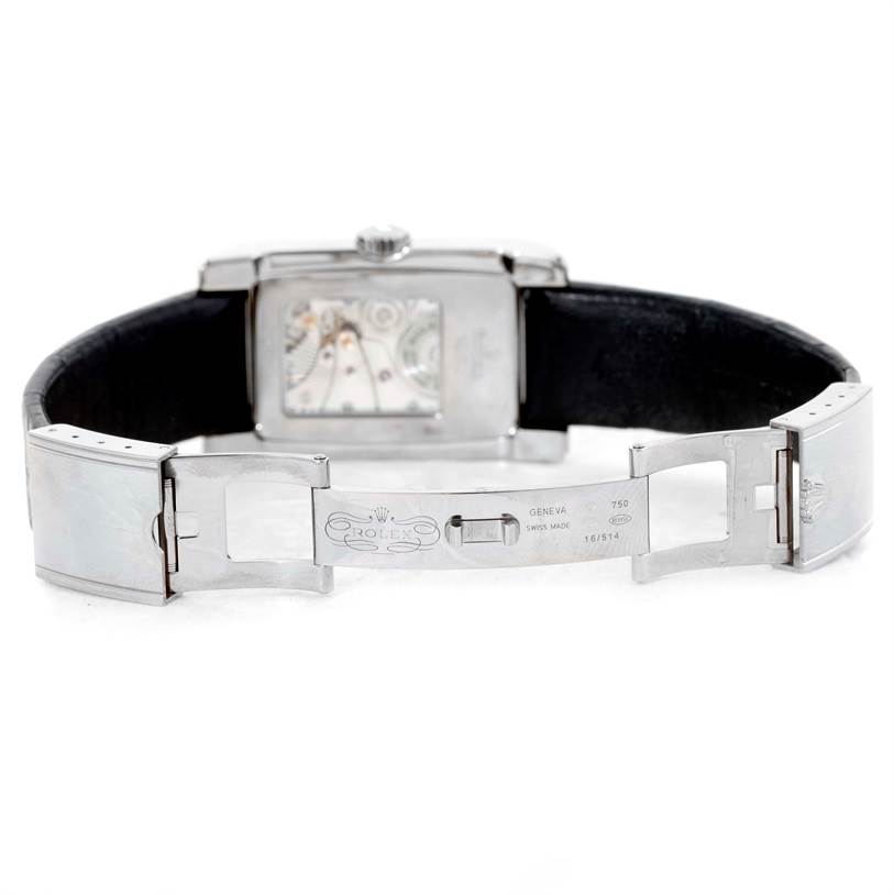 The image shows the Rolex Cellini 5443 Men's White Gold Black Dial 5443 Men's White Gold Black Dial watch from the rear, highlighting its open clasp, strap, and back of the case.