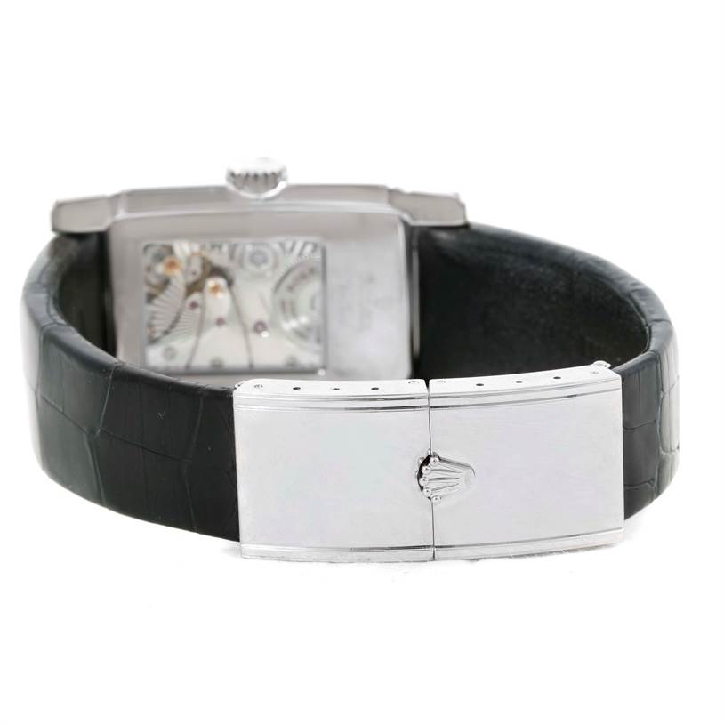 The image shows the back view of a Rolex Cellini 5443 Men's White Gold Black Dial 5443 Men's White Gold Black Dial watch, highlighting the clasp and part of the watch's leather strap.