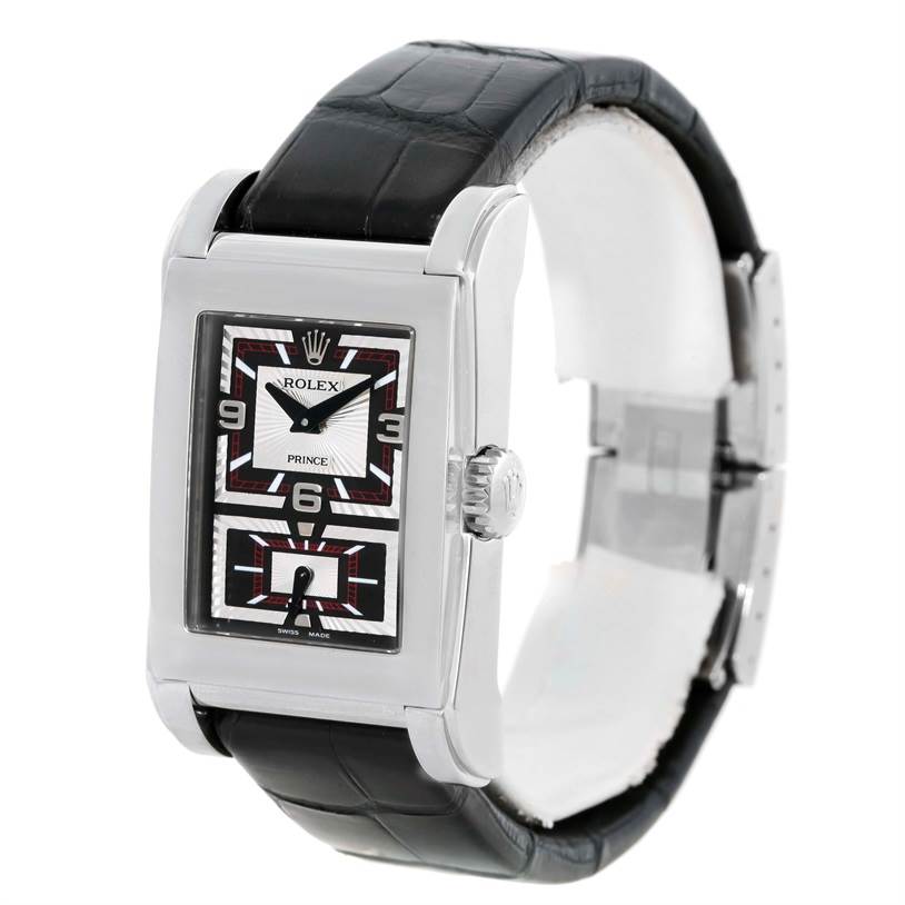 This image shows a front-side view of a Rolex Cellini 5443 Men's White Gold Black Dial 5443 Men's White Gold Black Dial Prince watch, highlighting the rectangular dial and black leather strap.