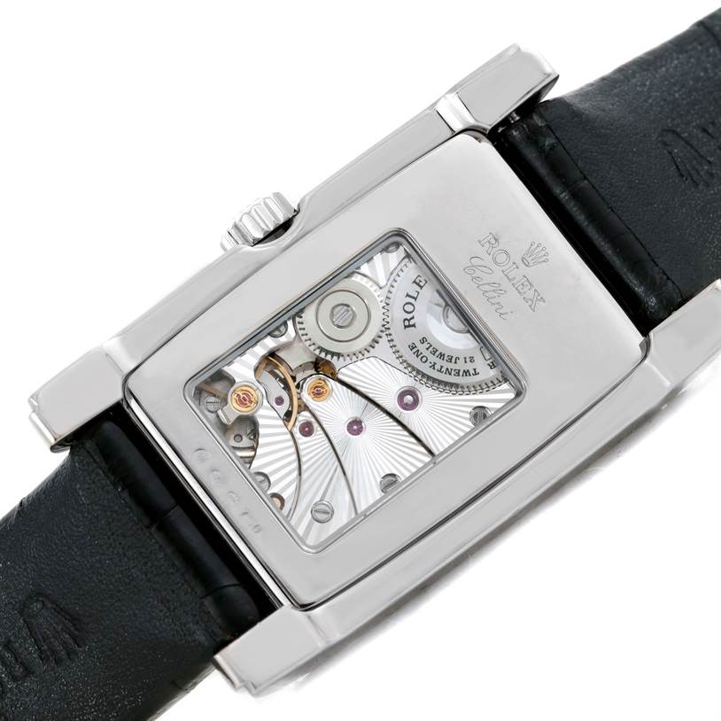 The image shows the back of the Rolex Cellini 5443 Men's White Gold Black Dial 5443 Men's White Gold Black Dial watch, highlighting its internal mechanism and leather strap.